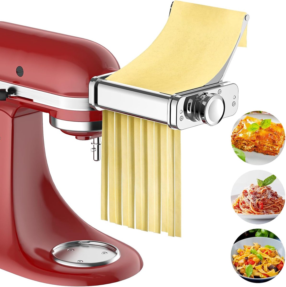 3-in-1 Pasta-opzetstuk voor KitchenAid Staande Mixers, Roller & Cutter | 3-in-1 volledig metalen pastamaker set met roller, spaghettisnijder, fettuccine snijder en reinigingsborstel