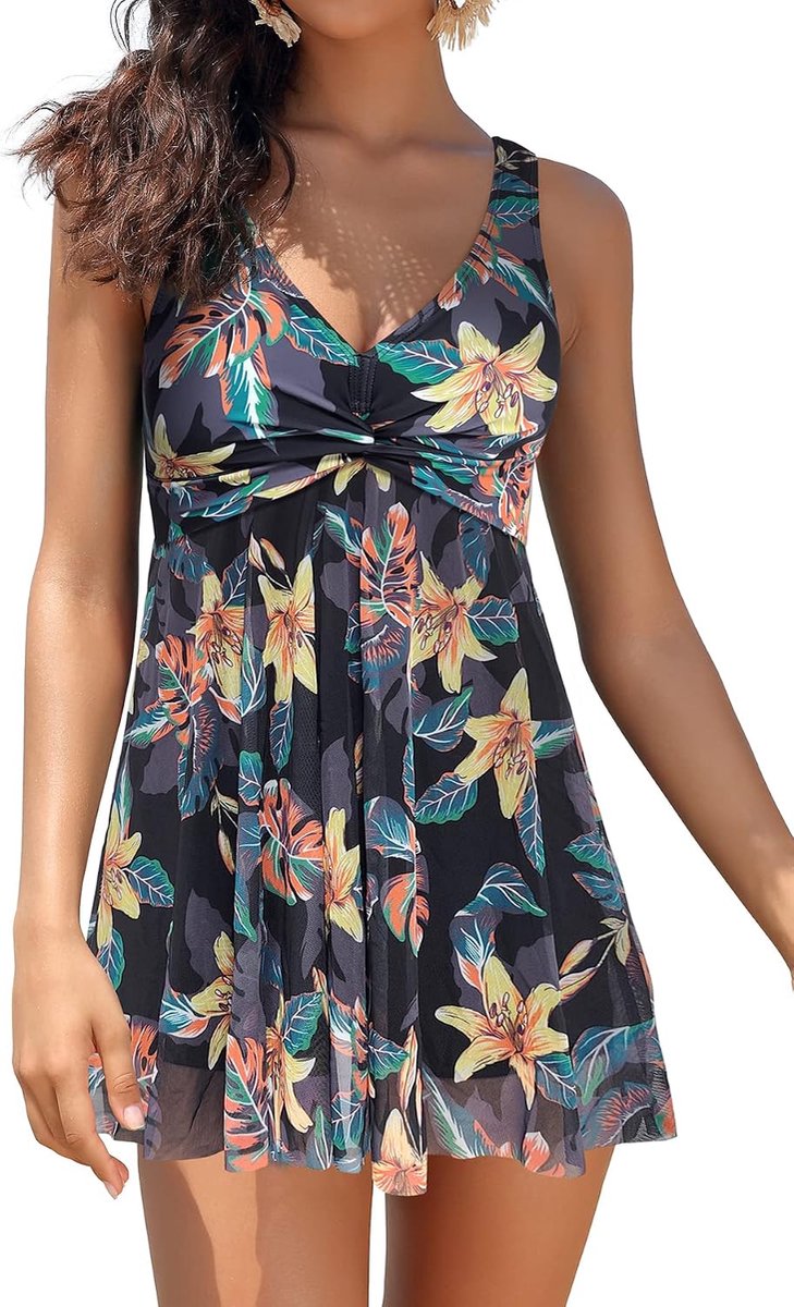 Dames Badpak Jurk V-hals retro Abdominale Controle Klassiek ruched Badmode Mode Eendelige Badjurk