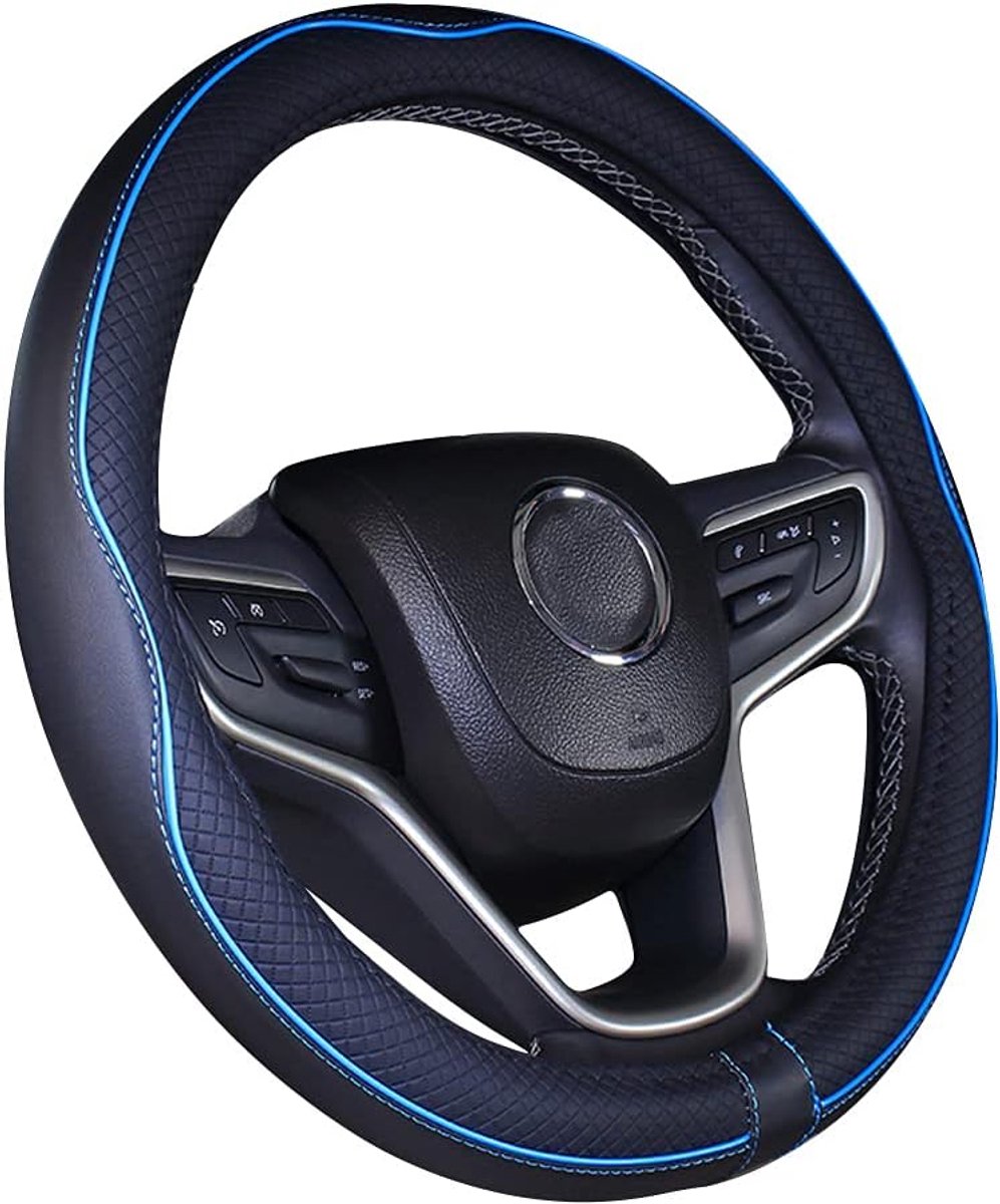 microvezel lederen autostuurhoes, universeel 15 inch/38 cm, ademend, antislipbeschermer voor auto/vrachtwagen/SUV/busje, zwart-blauw