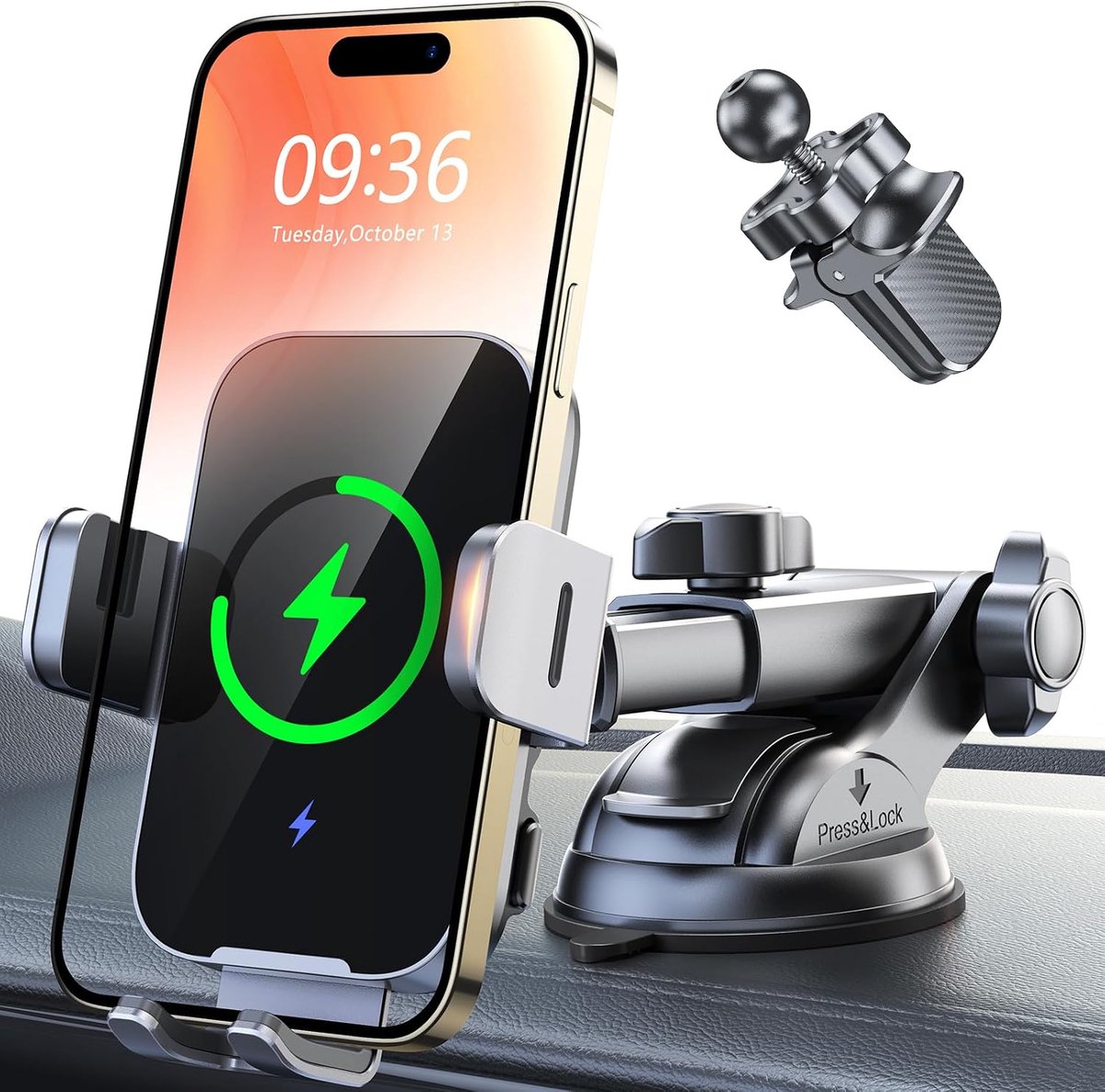 Draadloze autolader, 15 W, automatische bevestiging, mobiele telefoonhouder voor auto, draadloze autolader, met zuignap en ventilatieclip, compatibel met iPhone 15/14/13/12 enz.