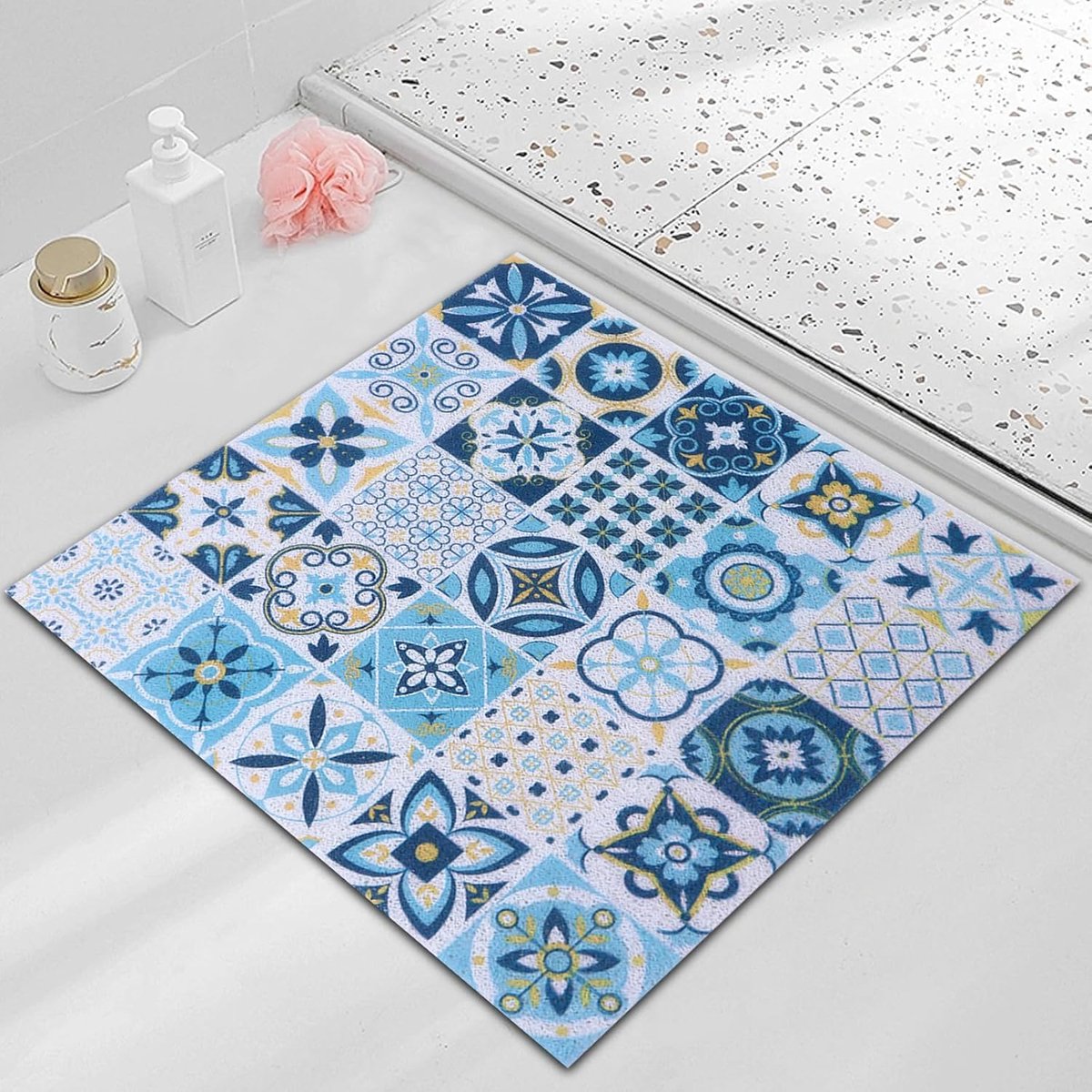 Antislip douchemat, zacht comfort, sneldrogende badmat, pvc, douchemat met loofah, met drainagegaten voor badkamer, blauw, 60 x 60 cm