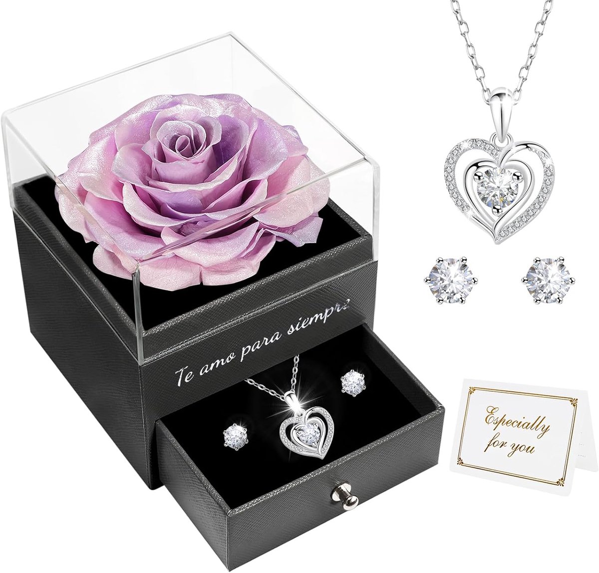 Amo para Siempre Eeuwige roos, cadeau voor haar, echte roos met glitterhalsketting, oorbellen, cadeau voor verjaardag, jubileum, Moederdag, cadeau voor vrouwen, moeder, vriendin