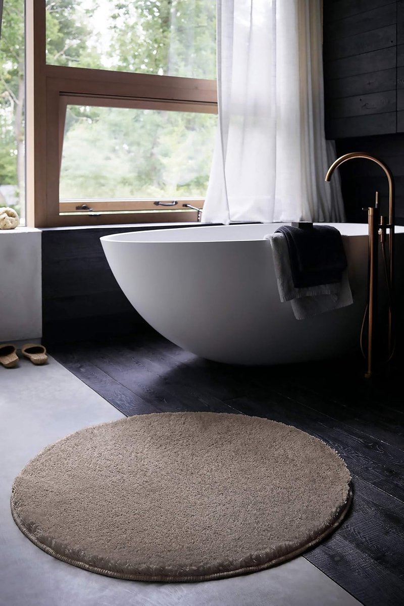 Home Basics Badmat, Badematte, zachte en pluizige zachte pool, antislip en wasbaar, Joris (90 cm rond, zand beige)