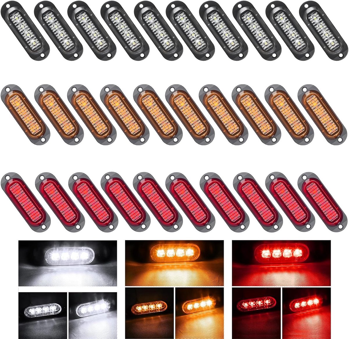 Krtopo 30 x led-zijmarkeringslampen, 12/24 V, led-aanhanger, zijlamp, waarschuwingslicht, voor vrachtwagen, camper, caravan (Rood+Geel+Wit) | voor vrachtwagen, camper, caravan (rood + geel + wit)