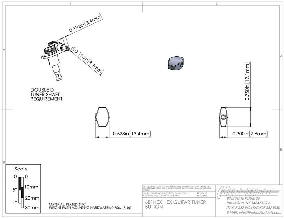 Hipshot HS6B1HEXS Hex Stemknop voor Gitaarmechaniek Satin, per stuk