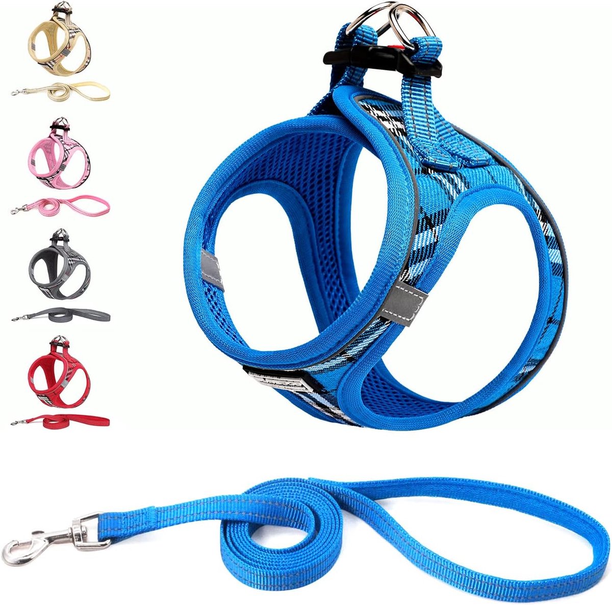 Kleine honden met riem, anti-trektuig Reflecterend ademend borsttuig, puppytuig voor kleine, middelgrote honden (L, Blauw geruit)
