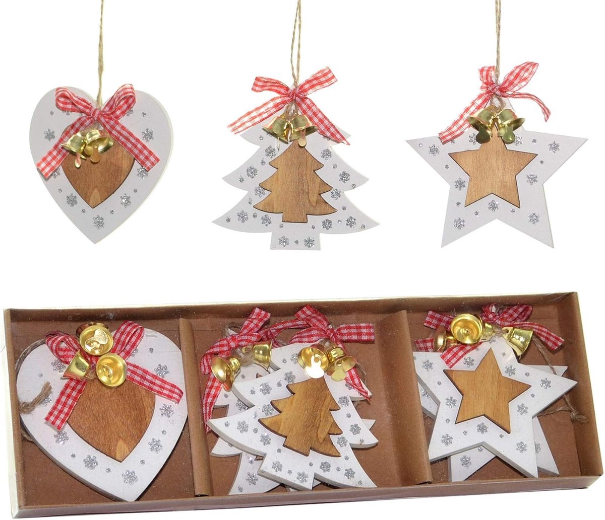 Kerstboom ornamenten houten esthetische hangende decoraties set van 6 stuks met linten en klokken Xmas DIY vakantiehuis decor - 2 sterren, 2 hart, 2 boomvorm stukken (8cm)