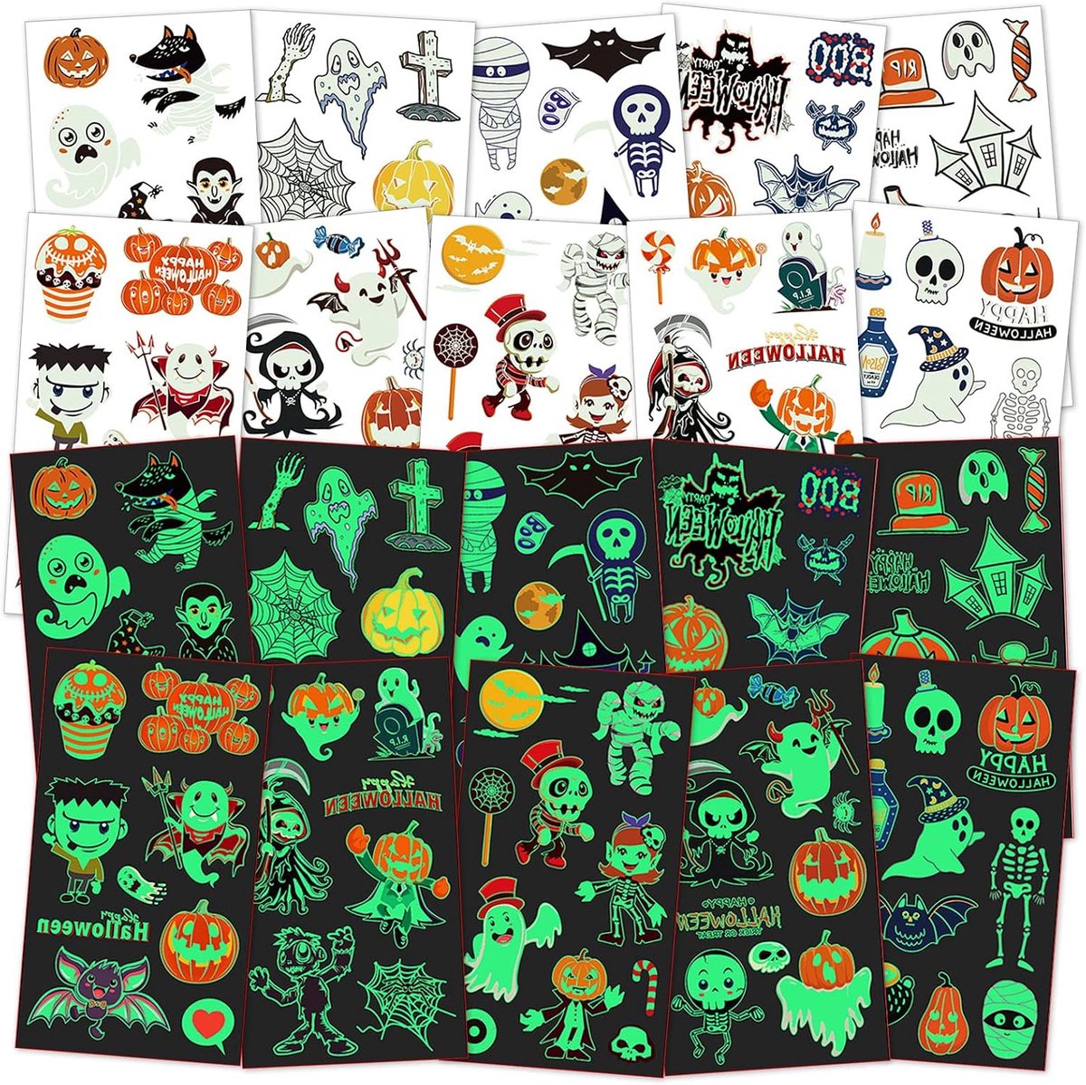 Tijdelijke tattoo voor kinderen, 10 vellen Glow In The Dark Halloween-tatoeages Stickers, waterdichte lichtgevende nep-tatoeage voor Trick or Treat-tassen Filler Halloween-feestgunsten (halloween-B)