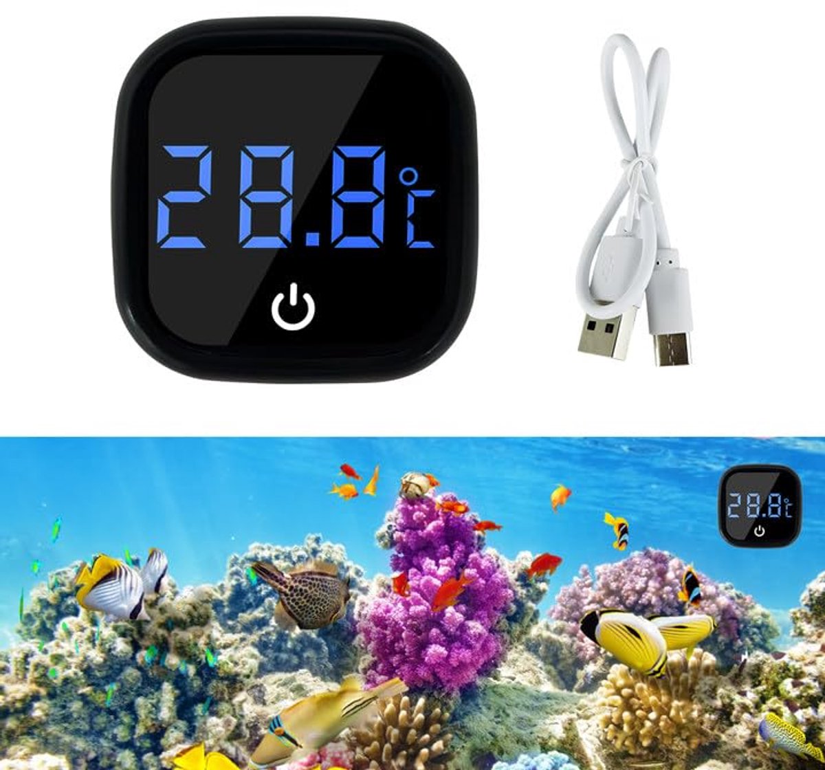aquariumthermometer, mini-led-thermometer met touch-toetsen, temperatuursensor voor aquarium, thermometer met hoge nauwkeurigheid van 0,1 °C (oplaadbaar/0 ℃ ~ 60 ℃)