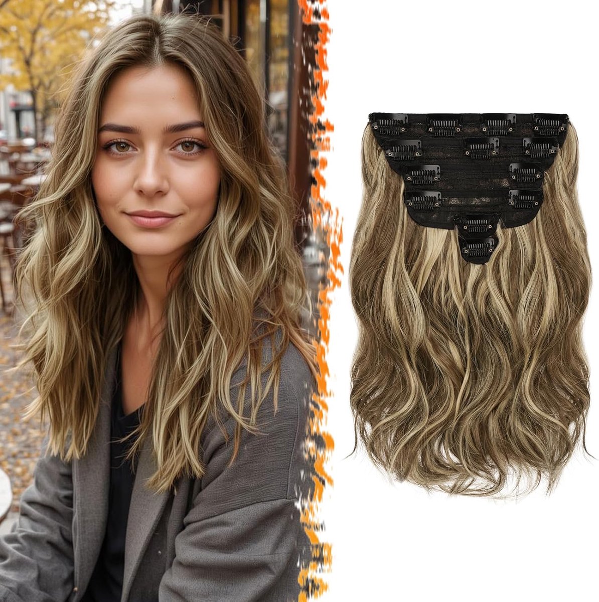 Haarextensies, 30cm Korte Golvende Highlight voor Vrouwen - 6 Stuks Dik Krullend Natuurlijke Synthetische Haarstukken - Middenbruin & Blond