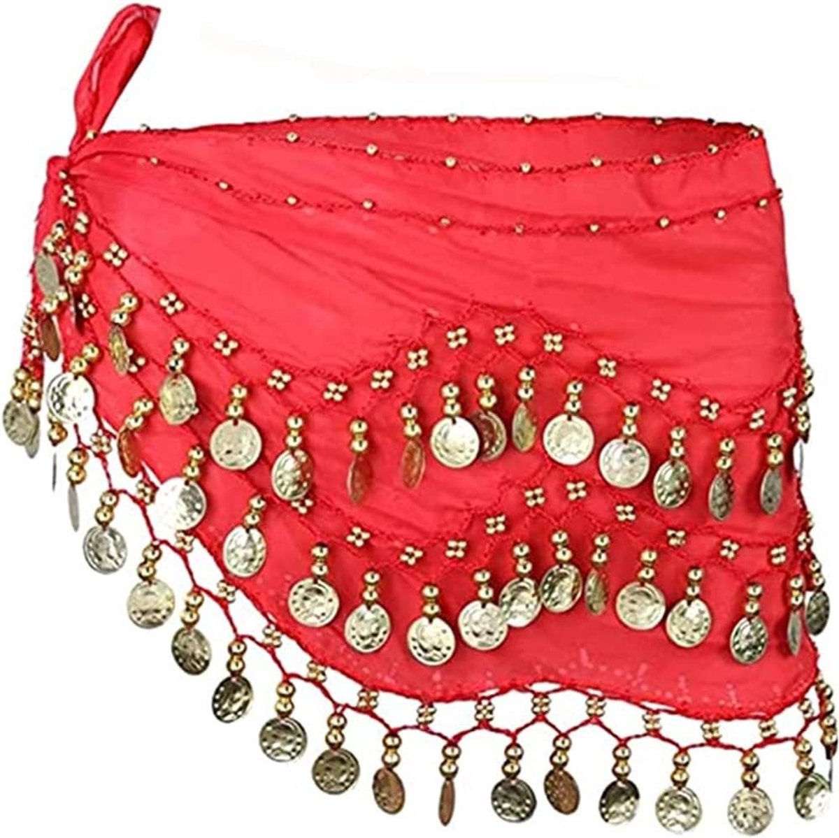 buikdansriem, chiffon heupdoek, dansdoek met munten voor buikdans, rood, L