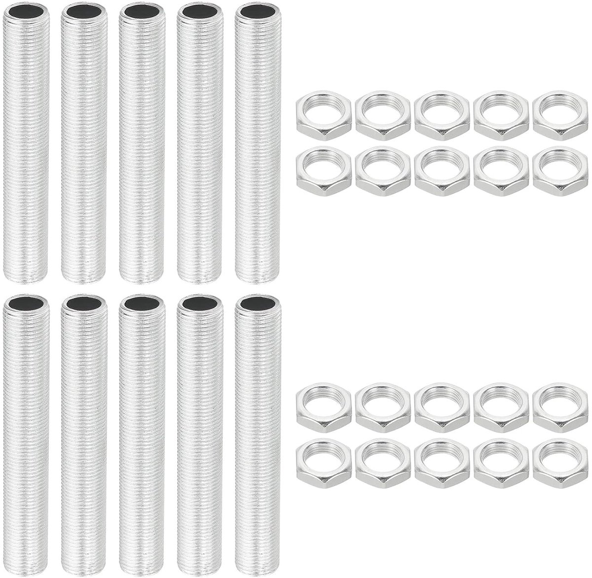 Kit lampbuis M12 schroefdraad 75 mm met vergrendelingsmoeren, 10 sets draadstangen, bevestigingselementen voor kroonluchters, plafondlampen, verzinkt