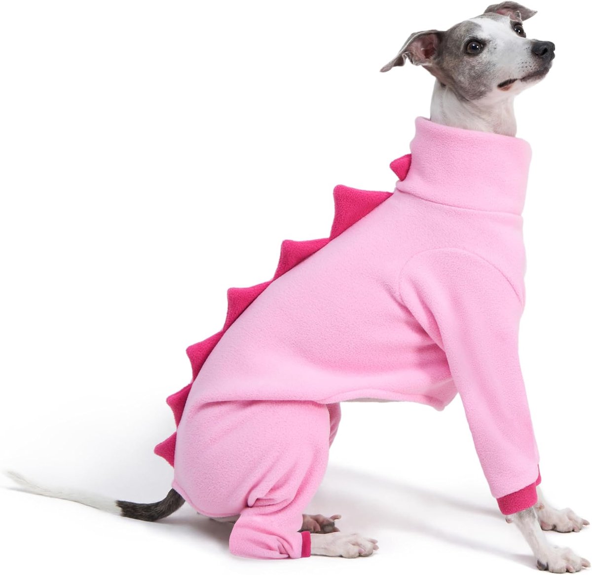 windhond & Whippet fleece dinosaurus onesie voor honden, gezellige coltrui kostuum outfit (roze, L)