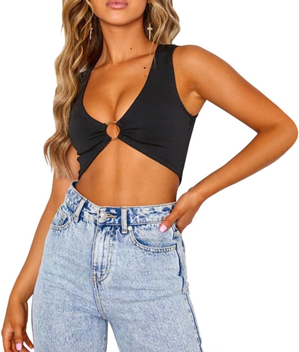 Tanktop Zomer Mouwloze Top Dames V-hals Sexy Mouwloze T-shirts Crop Tops met Metalen Ring Cut Out Shirts Streetwear (Zwart L)