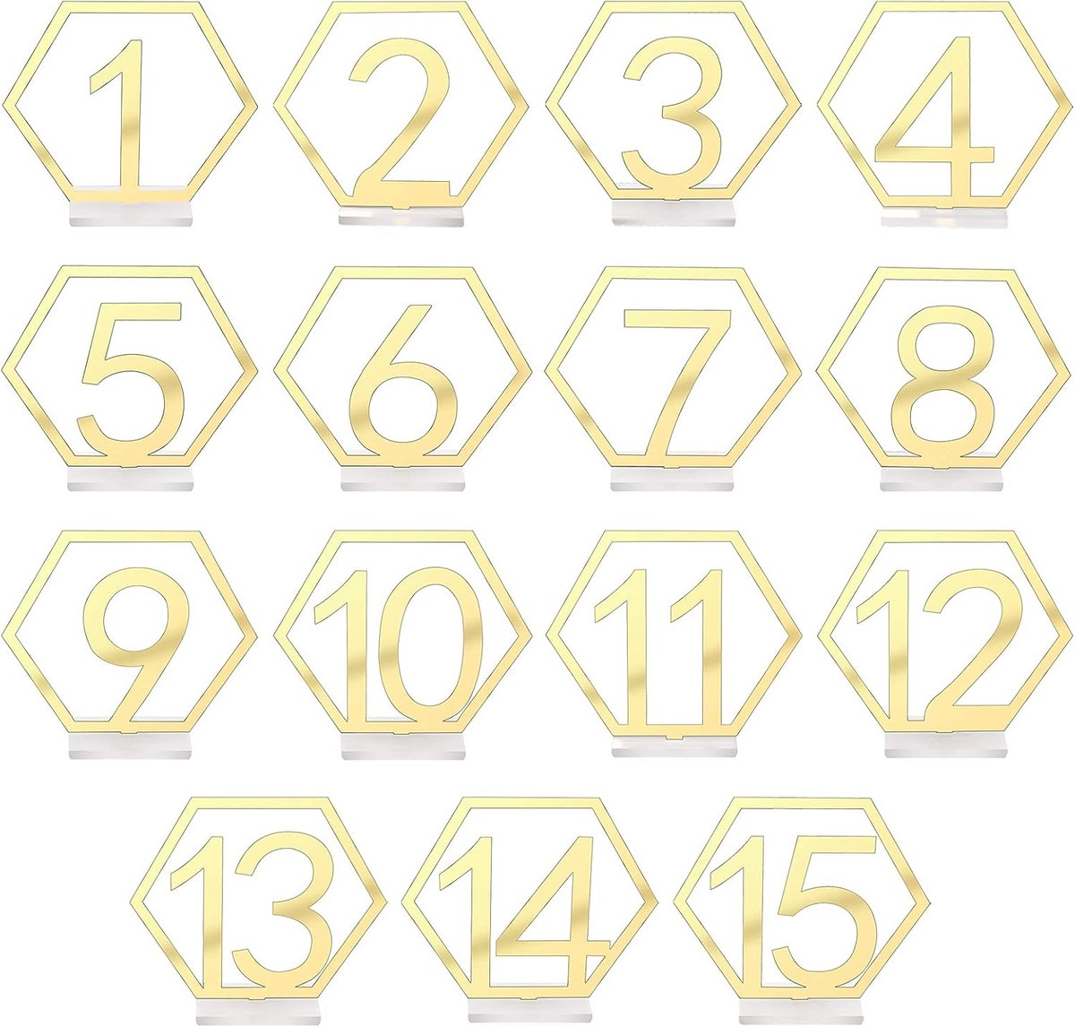 15 Stuks 1-15 Acryl Tafelnummers met Houders Uitgesneden Zeshoek Tafels Centerpieces voor Receptiedecoraties (Goud)