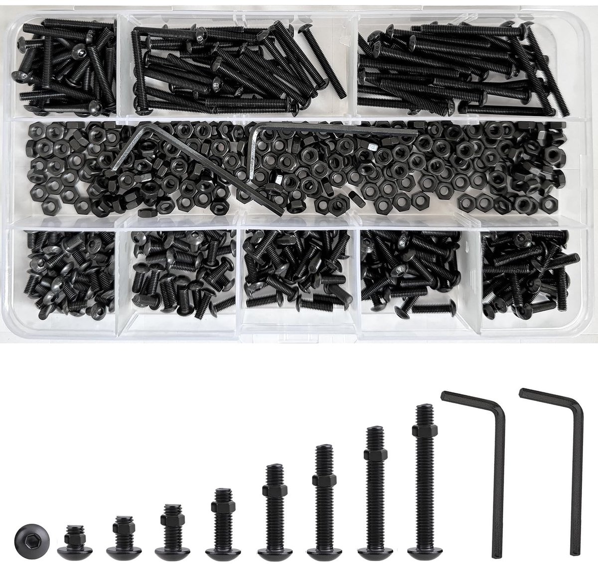 482 stuks M3 ronde kop zeskantschroeven, zwarte moeren en bouten, assortimentset | 8 Maten (6/8/10/12/16/20/25/30mm) Koolstofstaal Zeshoekige Knop Paddestoel Machine Schroefbevestigingen Kit met Sleutels