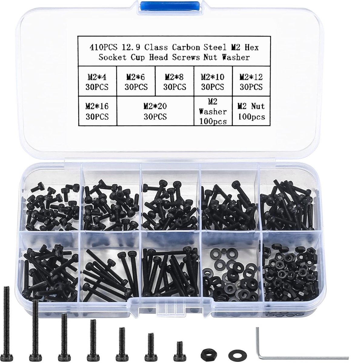 410-delige M2 Inbusbouten Set, 12,9-Koolstofstaal Hex Schroeven, Moeren en Ringen Assortiment met Inbegrip van Dopsleutel (Zwart)
