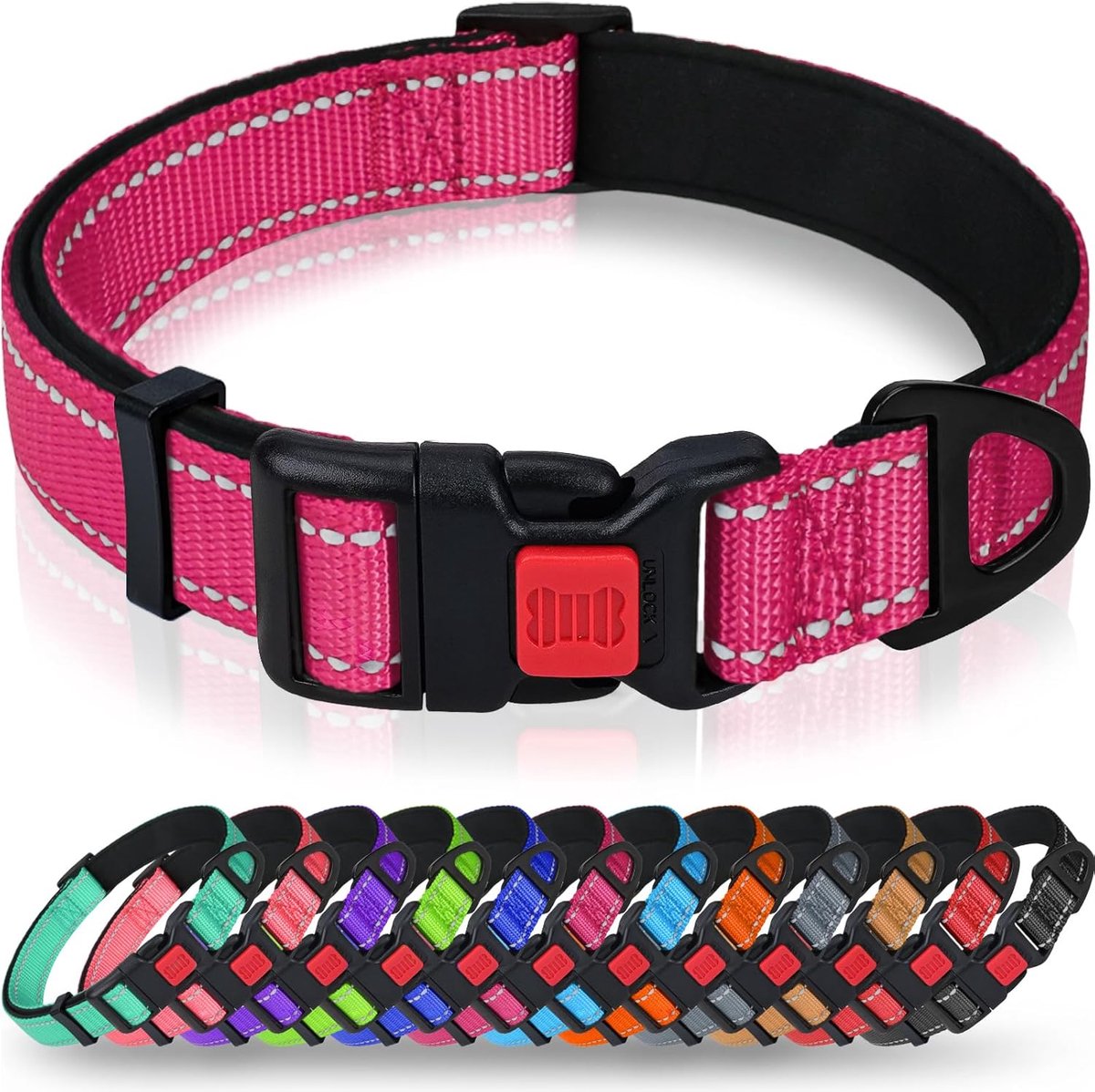 Reflecterende nylon hondenhalsband met veiligheidsgesp, verstelbare halsband, zachte neopreen voering, voor middelgrote honden, felroze