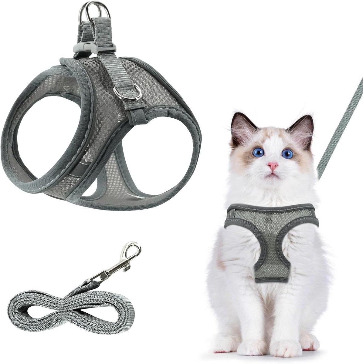 Kattenharnas, Grijs Reflecterend Set, Onbreekbaar Verstelbaar Met Riem voor Buiten (S)