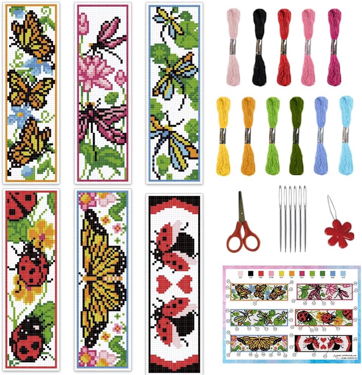 6 stuks vlinders kruissteek bladwijzer kits insecten 20 x 6 cm bladwijzer maken kit libellen doe-het-zelf gestempeld borduurwerk bladwijzers voor beginners met instructie voor