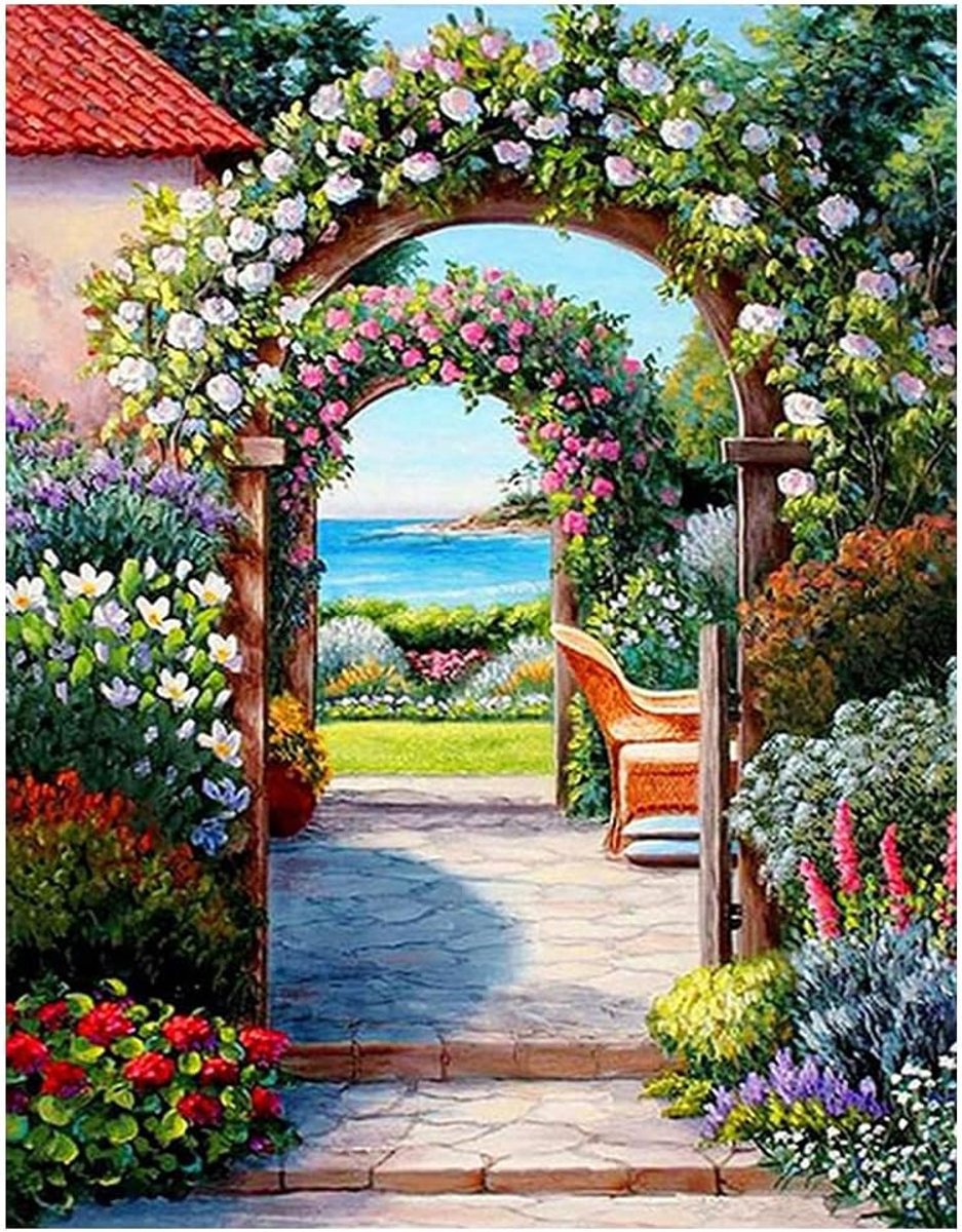 Diamond Painting Tuinlandschap, 40 x 50 cm, diamond painting, huis met tuin, schilderen op nummer, steeg, diamant, schilderij, volwassenen, rust, kralen, afbeeldingen, volwassenen, ronde