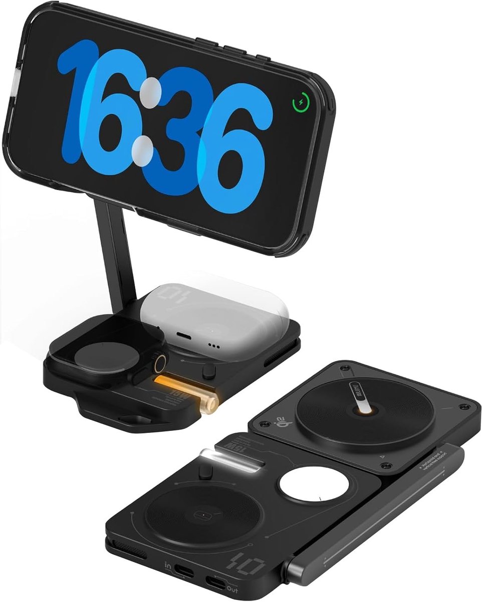 M01 4-in-1 Qi2 Draadloze Oplaadstation Compatible with MagSafe | V2 Geüpdatete Versie | Inklapbare Magnetische Draadloze Oplader voor iPhone & Apple Watch/AirPods [Zonder USB Oplader]
