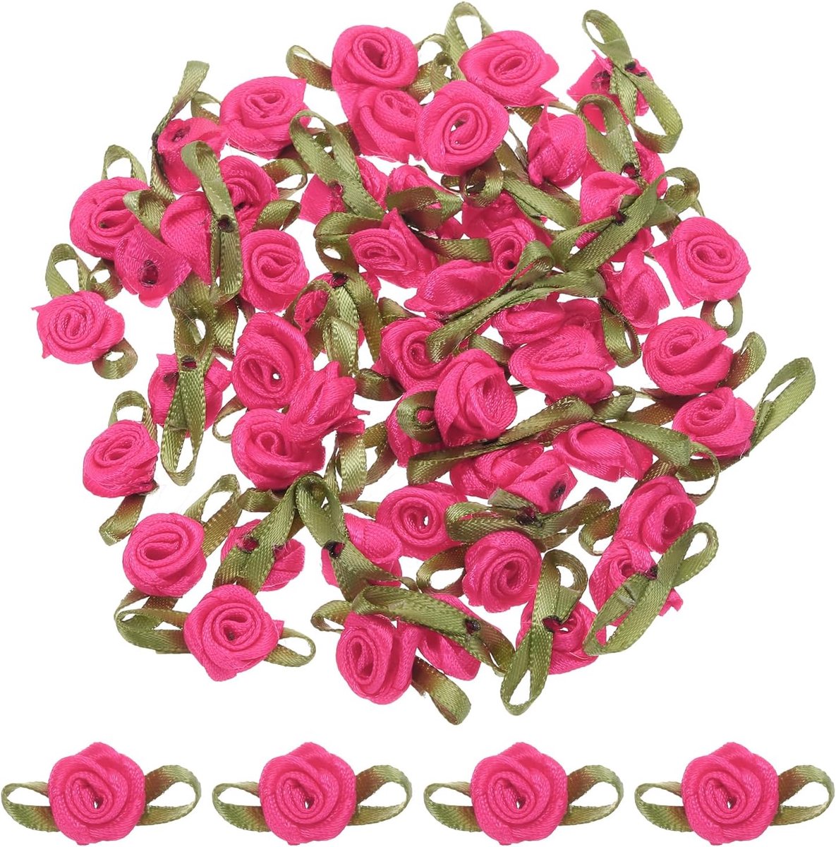 50 stuks rode rozen met band, 5/8 inch x 1-3/16 cm, mini-rozen om te knutselen, kleine satijnen strikken, kunstbloemen