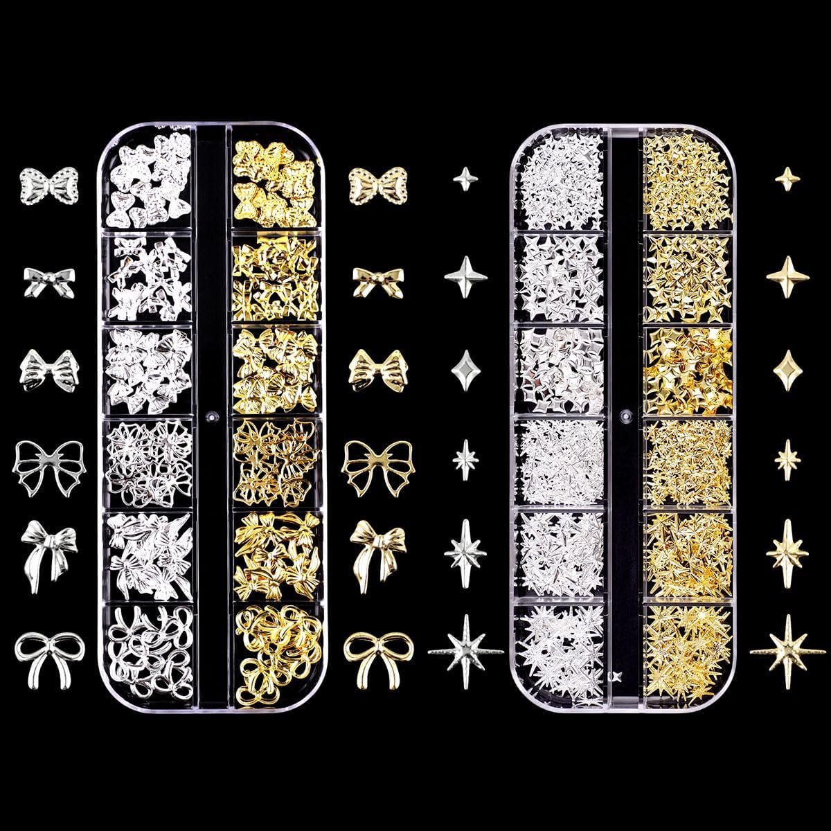 Zilveren 3D Nagelbedel, 2 Dozen 24 Grids Boog Ster Nageljuwelen Nagelstuds, Punk Metaal Legering Rivier Stickers Boogsluiting Nagelkunst Decoraties Accessoires voor Nagelkunst Design DIY