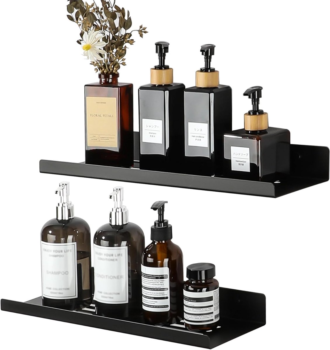 Doucherek voor badkamer, shampoohouder, douchemand, wandrek van metaal, plank voor badkamer, 2 stuks, zwarte afwerking