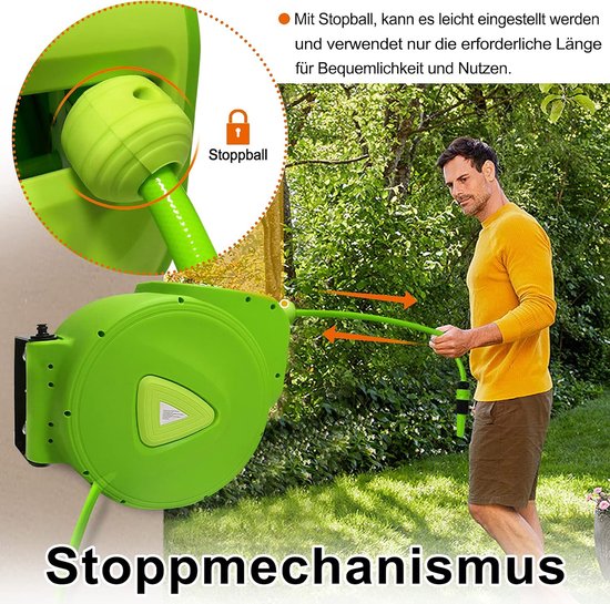 Slanghaspel 30+2m Waterslang Haspel met Handdouche Slangoproller 180° Draaibare Muurbevestiging Tuinslang Automatisch met Stopbal en Snelsluitkoppeling, Groen — afbeelding 3