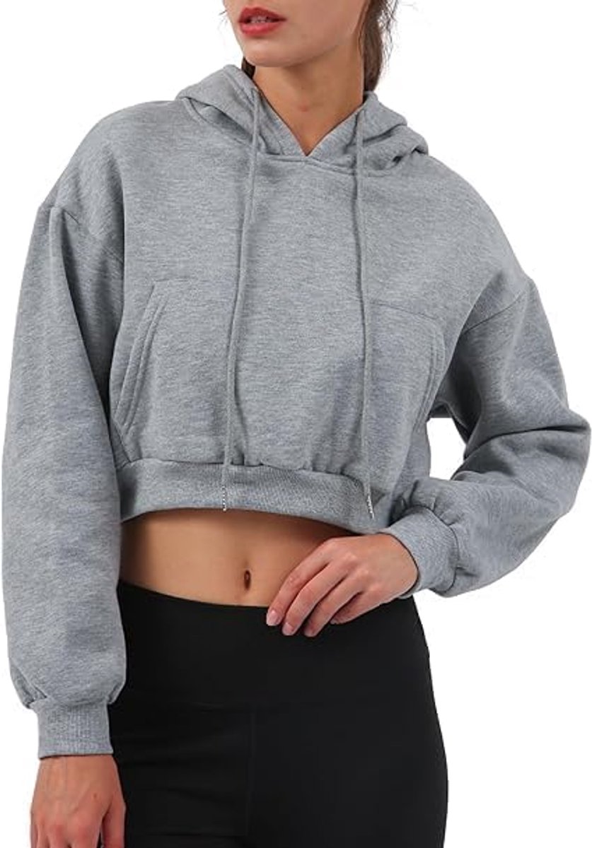 Hoodie voor dames, fleece pullover, crop pullover, kort sweatshirt met capuchon, lange mouwen, capuchontrui, herfst, winter, bovenstuk, tops met zakken