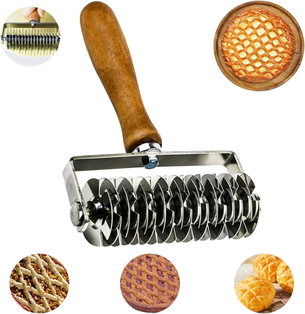 Ruitrol met houten handvat, ruitsnijrol voor roosters, deegsnijder van roestvrij staal voor koekjes, brood, cake, pizza, taart (13,3 x 20,5 cm)