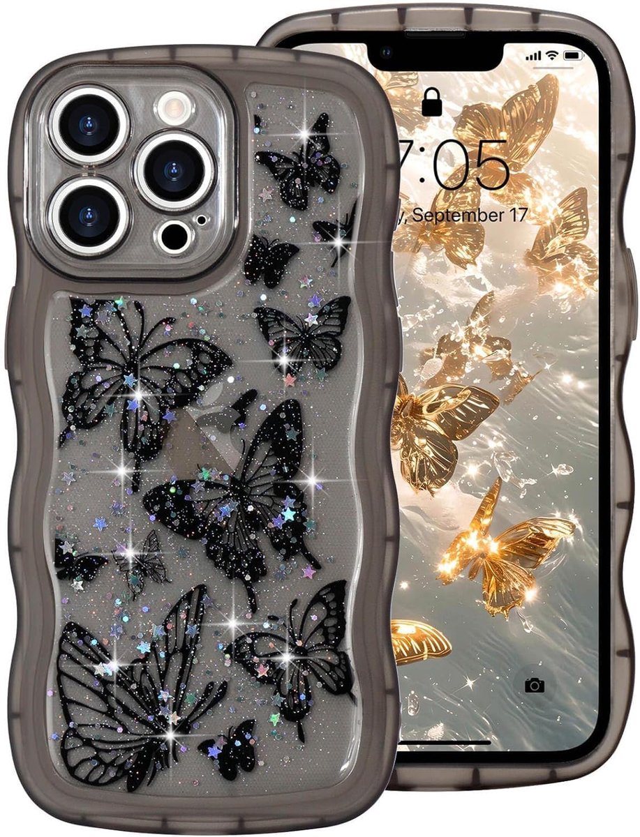Glitterhoes voor iPhone XS Max, transparante glitterhoes met vlindermotief, schokbestendige bumperhoes voor vrouwen en meisjes, schattige glitterhoes voor iPhone XS Max, zwart