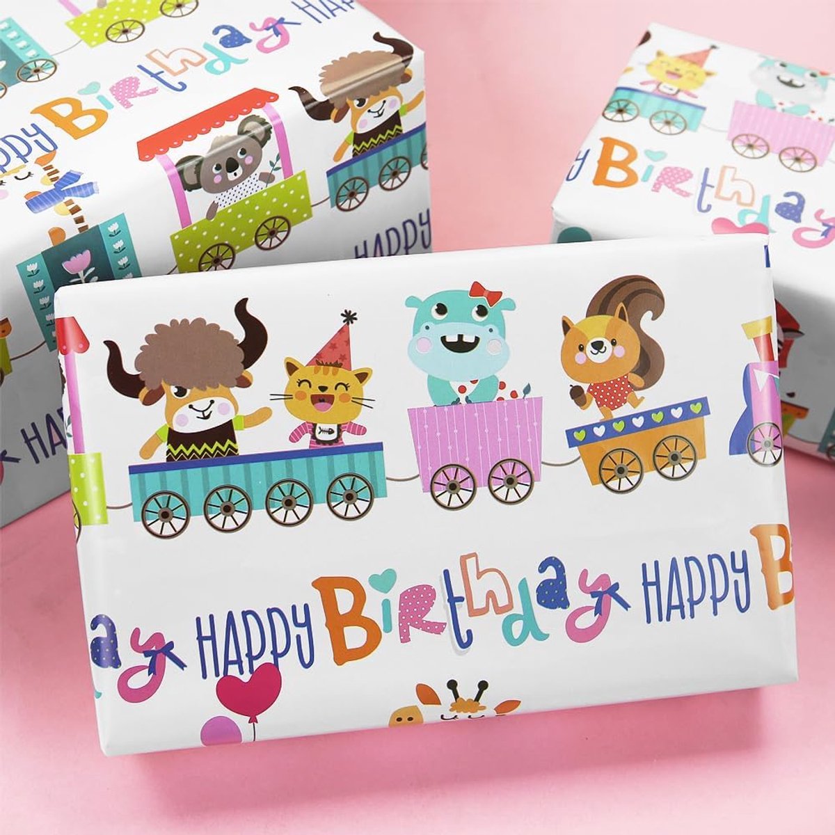 Cadeaupapier voor kinderen meisjes jongens, cartoon dier trein ontwerp geschenkverpakking papier voor verjaardag en babyshower, 4 vellen plat gevouwen 50 x 70 cm per vel