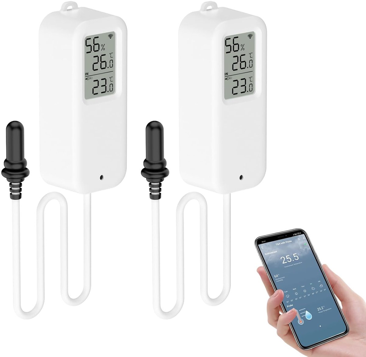 slimme vochtigheidsmeter, app-monitor, gratis gegevensexport Fahrenheit/Celsius, Wifi babykamerthermometer voor binnen en buiten, kas, aquarium, koelkast, wit, 2 stuks met