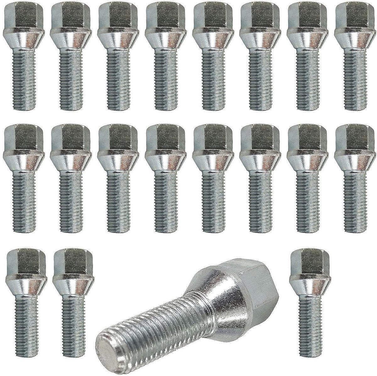 Bouten, 20 stuks, kegelband, zilver, M12 x 1,25, 26 mm (SW17), compatibel met Alfa Romeo, Citröen, Fiat, Lancia, Opel, Peugeot
