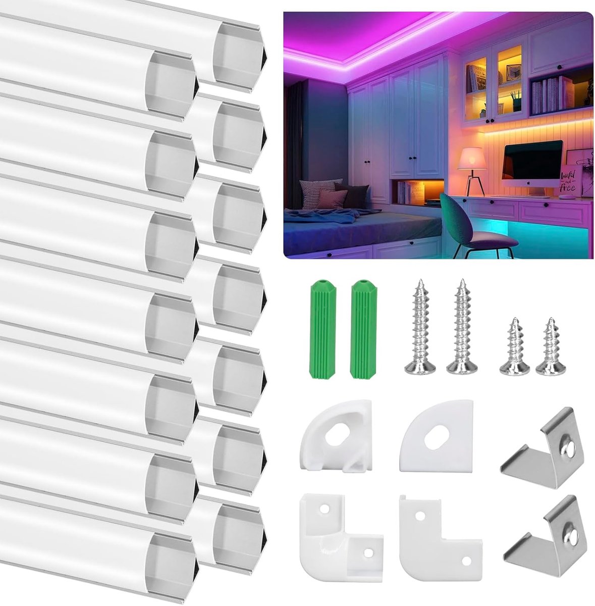 Aluminium Profiel, LED Profiel 14 x 1m, LED Kanalen V-Vorm voor LED Strips, LED Bar profiel en Diffusor voor Perfect Licht, met Hoekverbinders, Eindkappen, Schroeven en Montage Clips