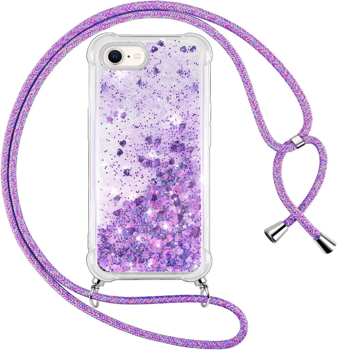 Telefoonhoesje met koord, compatibel met iPhone 8/7/iPhone SE 2020/SE 2022, transparante siliconen, transparant, vloeibaar glitter met ketting, drijfzand, halsketting, TPU-beschermhoes, case