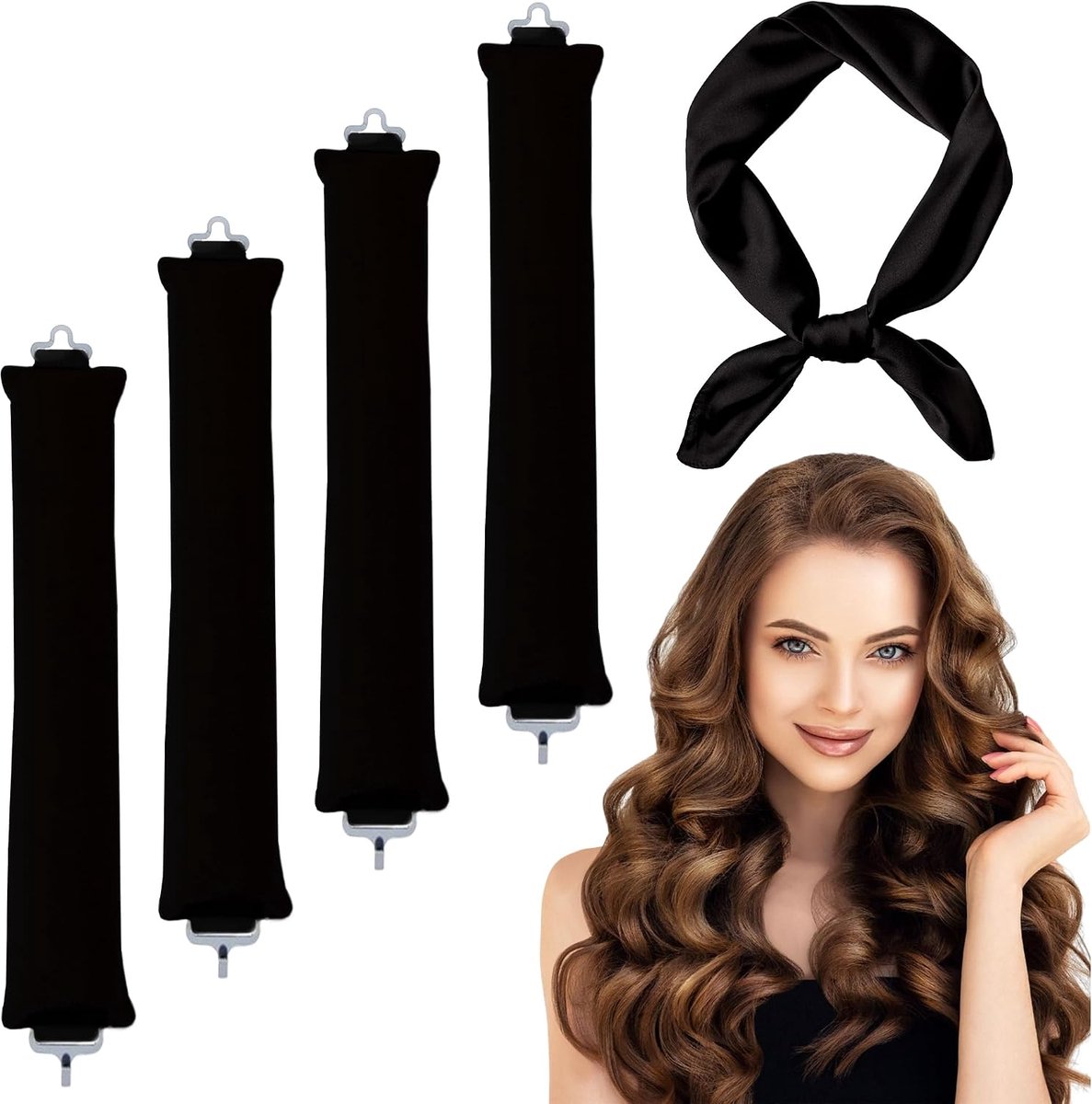 Krulspelden zonder hitte, krulspelden met sjaal voor dames, heatless haar, krulspelden overnight blowout, zonder hitte, voor grote krullen, kappersgereedschap, knutselen (zwart, 30 cm)