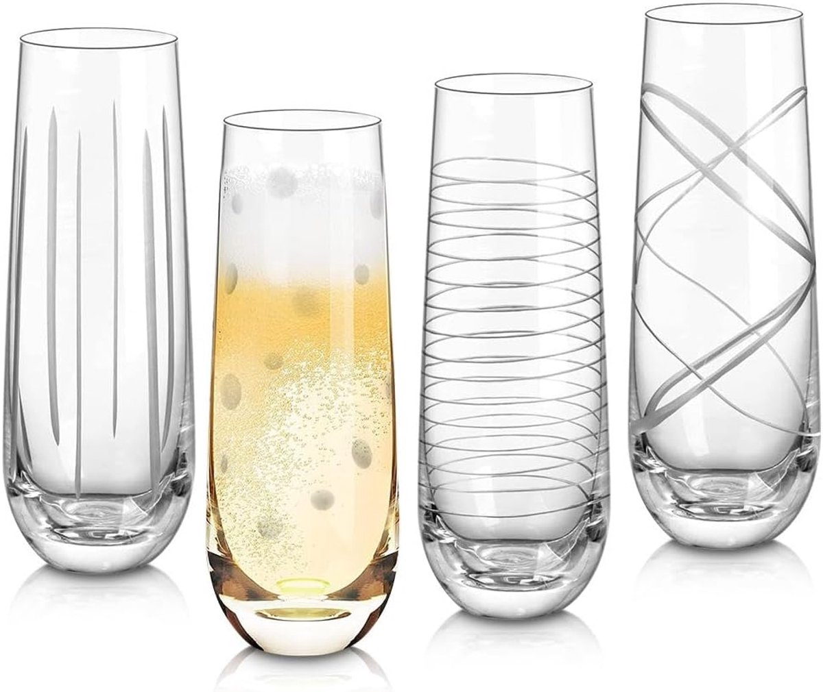 Geëtste champagnefluiten glazen bekers, handgemaakte mondgeblazen esthetische glaswerk kunst decoratie, thuisbar essentials, cadeaus voor huwelijksverjaardag dagelijks gebruik, set van 4, 9,8