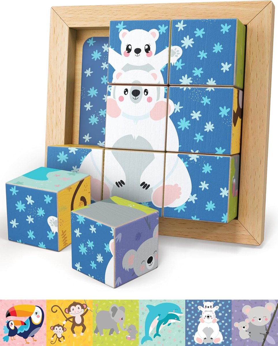Toys 6-in-1 kubuspuzzel vanaf 2 jaar, gemaakt van 100% ecologisch beukenhout, kubuspuzzel vanaf 3 jaar, houten puzzel vanaf 2 jaar, 4,5 cm grote dobbelstenen, puzzel met afgeronde hoeken, incl