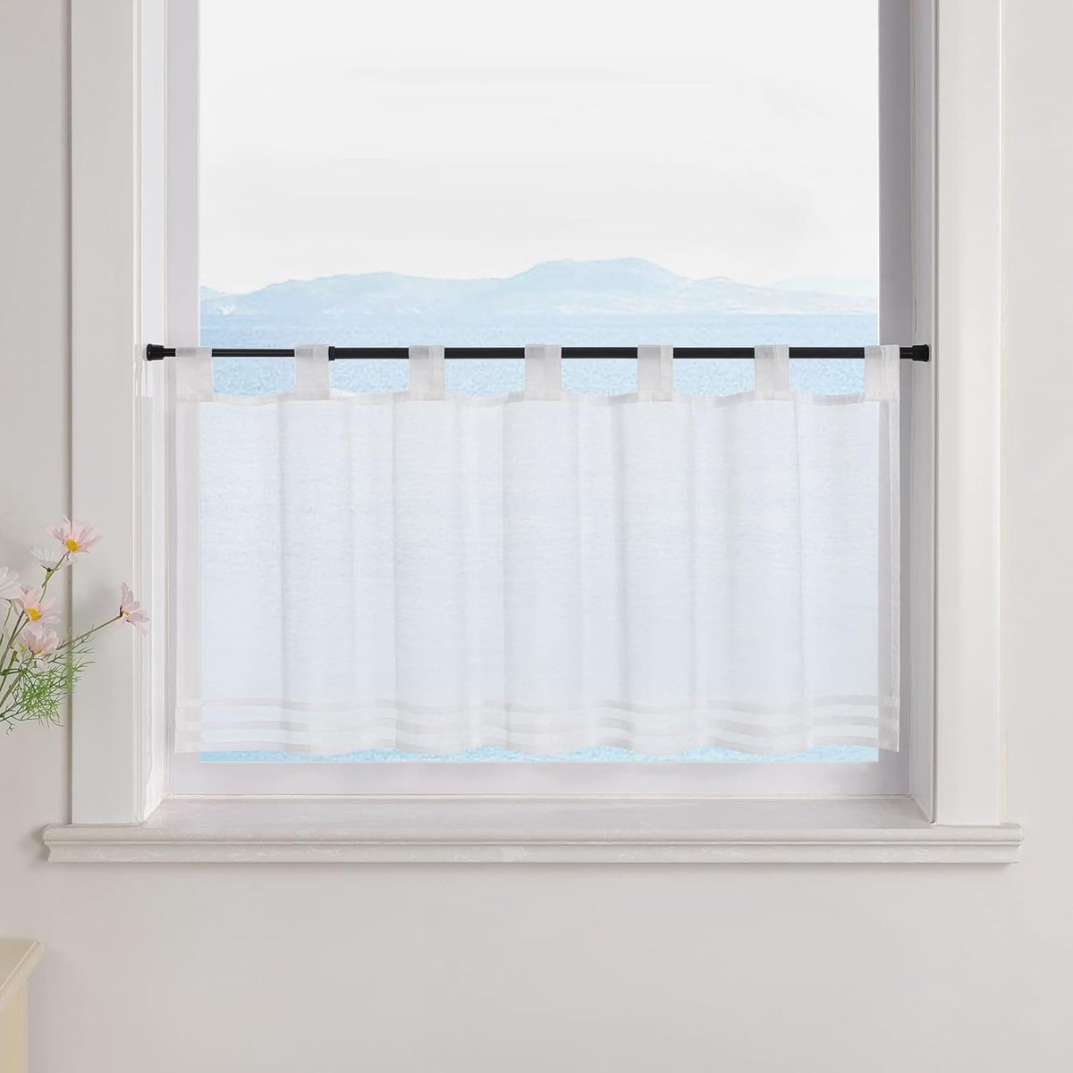 Vitrage met lussen, gordijnen, keuken, bistrogordijnen, transparant, vitrage, effen, voile, wit H x B 30 x 120 cm, 1 stuk