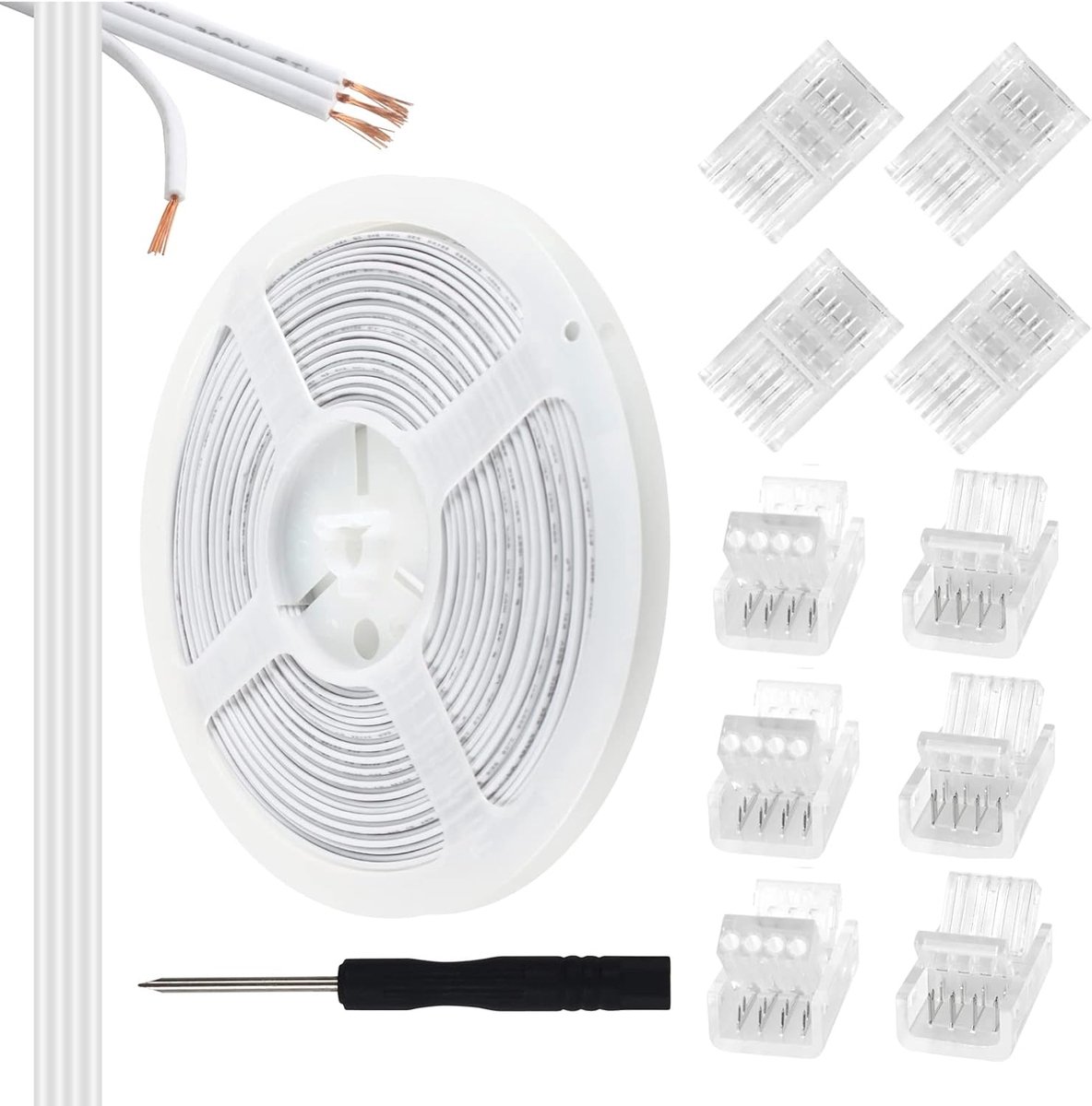 10 m 4-Pins RGB-Verlengkabel en 10-Delige 4-Pins Connectorkit Voor 10 mm Brede 5050 RGB LED-Strip, Waterdicht of Niet | Inclusief soldeervrije SMD-kristalconnector 4-polige 10 mm stekker voor eenzijdig/dubbelzijdig geplateerde ledstrips