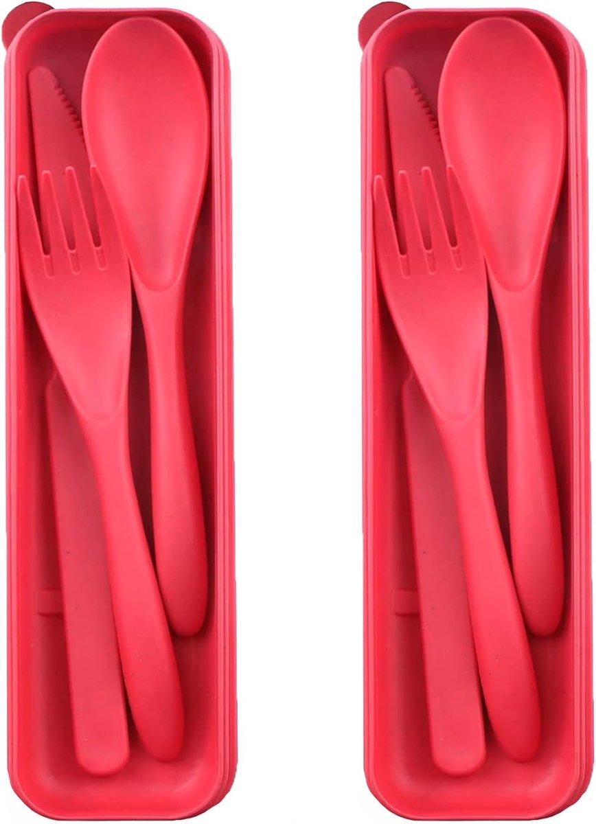 Bestekset met etui, 2 sets herbruikbare en draagbare gebruiksvoorwerpen, kunststof vork, lepel voor camping, picknick, werk, school, dagelijks gebruik (rood)
