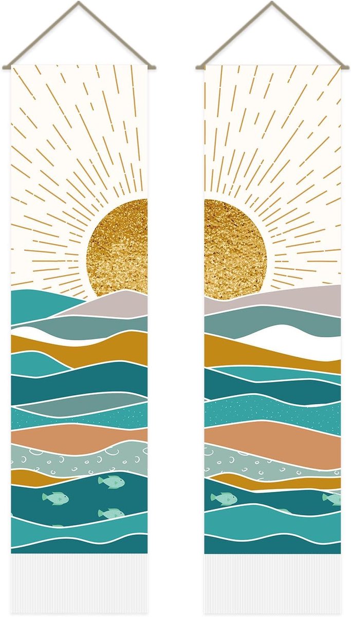 2 stuks Boho Oceaanzoonsopgang-Wandtapijten, Oceaan Golven, Wandtapijt, Kunst, Zonsopgang bij de Zee, Kwast-Wandtapijt, Wandbehang voor Kamer, 33 x 130 cm