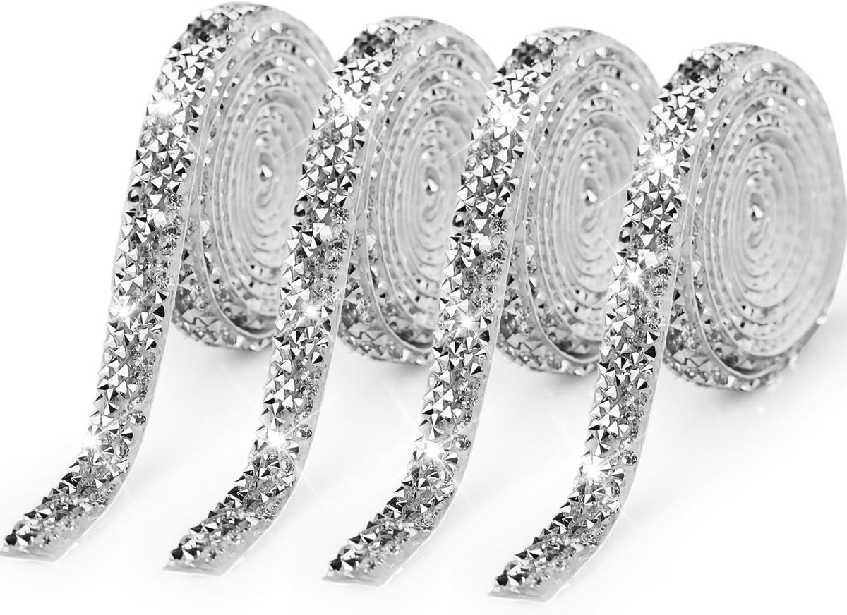4 rollen diamantband, zelfklevend, kristal, strass, diamantband, glitterband, zilver, strasssteentjes, band, glitterstenen voor bruiloft, verjaardag, doe-het-zelf decoratie (zilver, 10 mm)