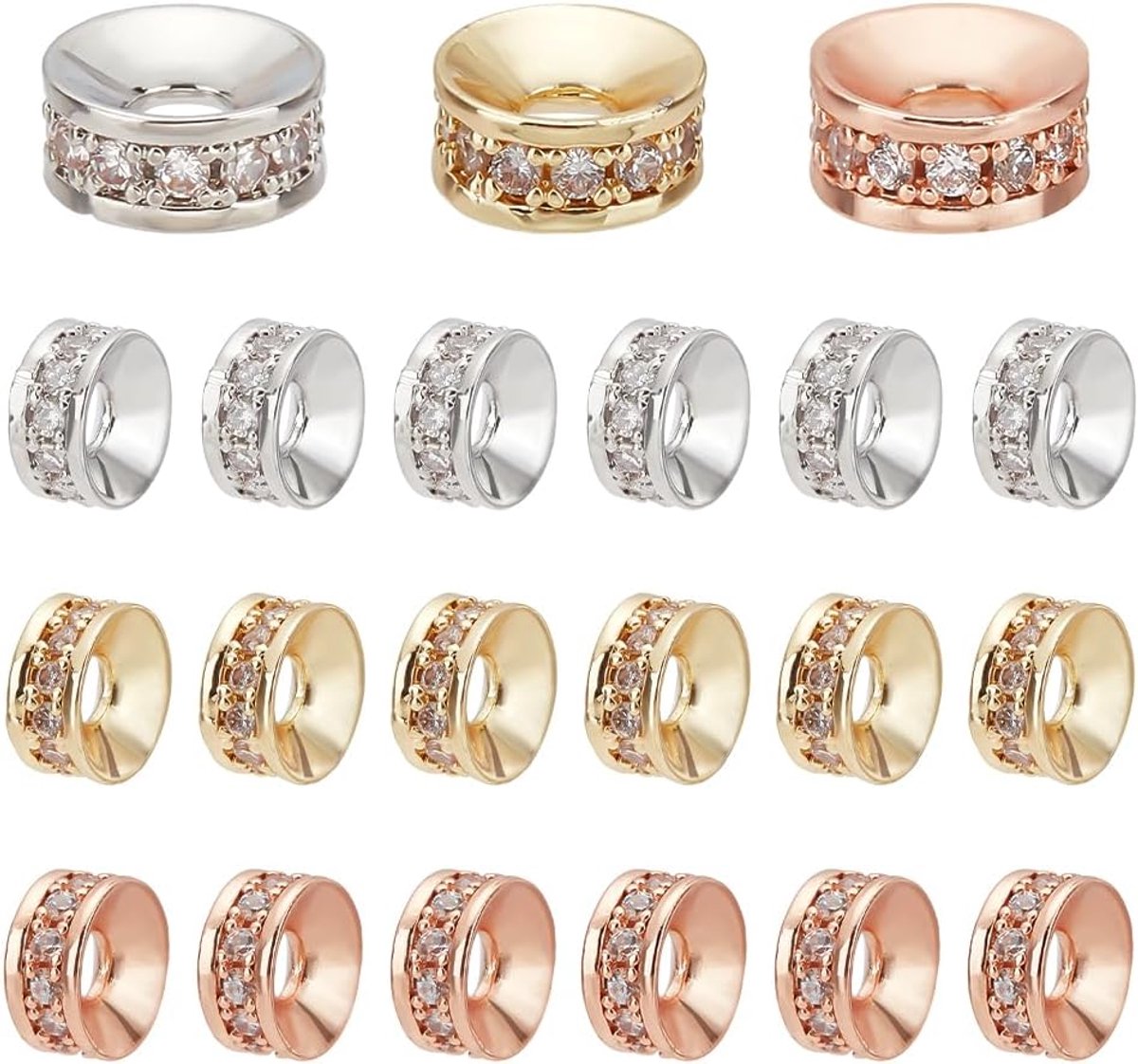 Kralen, 3 Kleuren Micro Pave Kubische Zirkoniakralen Goud Zilver Geplateerde Kralen Losse Kralen Kristal Rijnsteenkralen voor Armband Oorbel Ketting Sieraden Maken