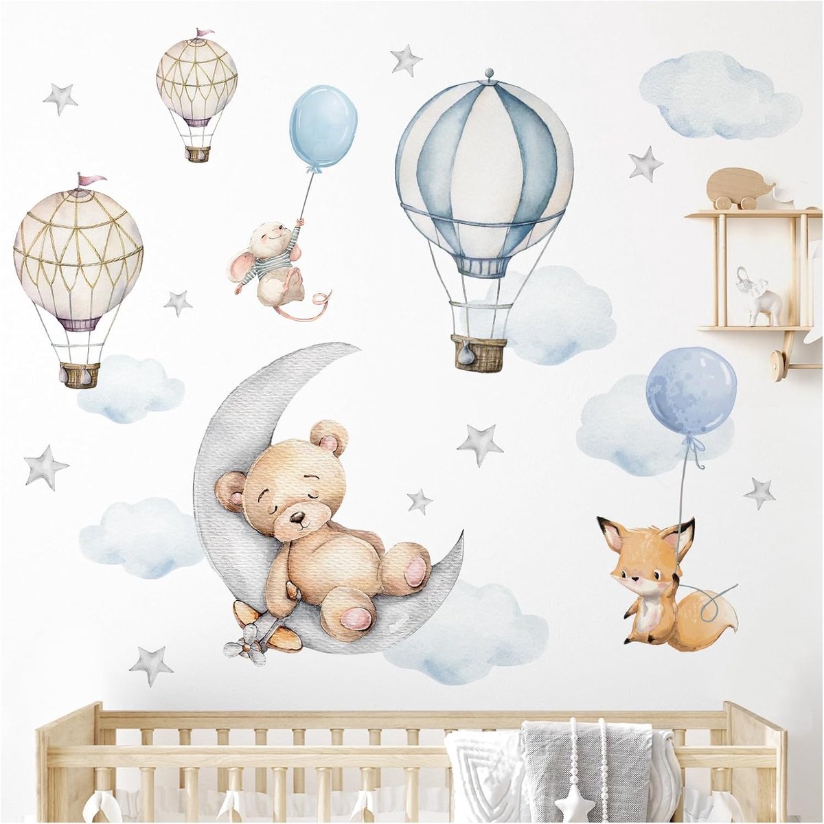 Deco DL850-5 Muursticker, beer op maan, dieren voor babykamer, muurtattoo, heteluchtballon voor kinderkamer, zelfklevende muursticker