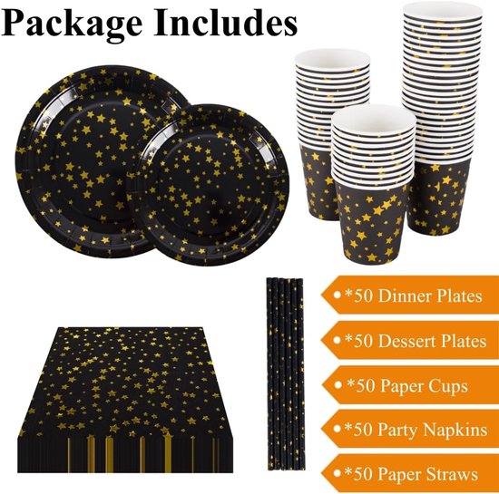 50 Gasten Zwart en Gouden Feestbenodigdheden Set, Zwart Goud Sterren Papier Servies, Wegwerp Party Servies Set - Inclusief 9" Borden, 7" Platen, Servet, Beker, Stro, 250 STKS — afbeelding 2
