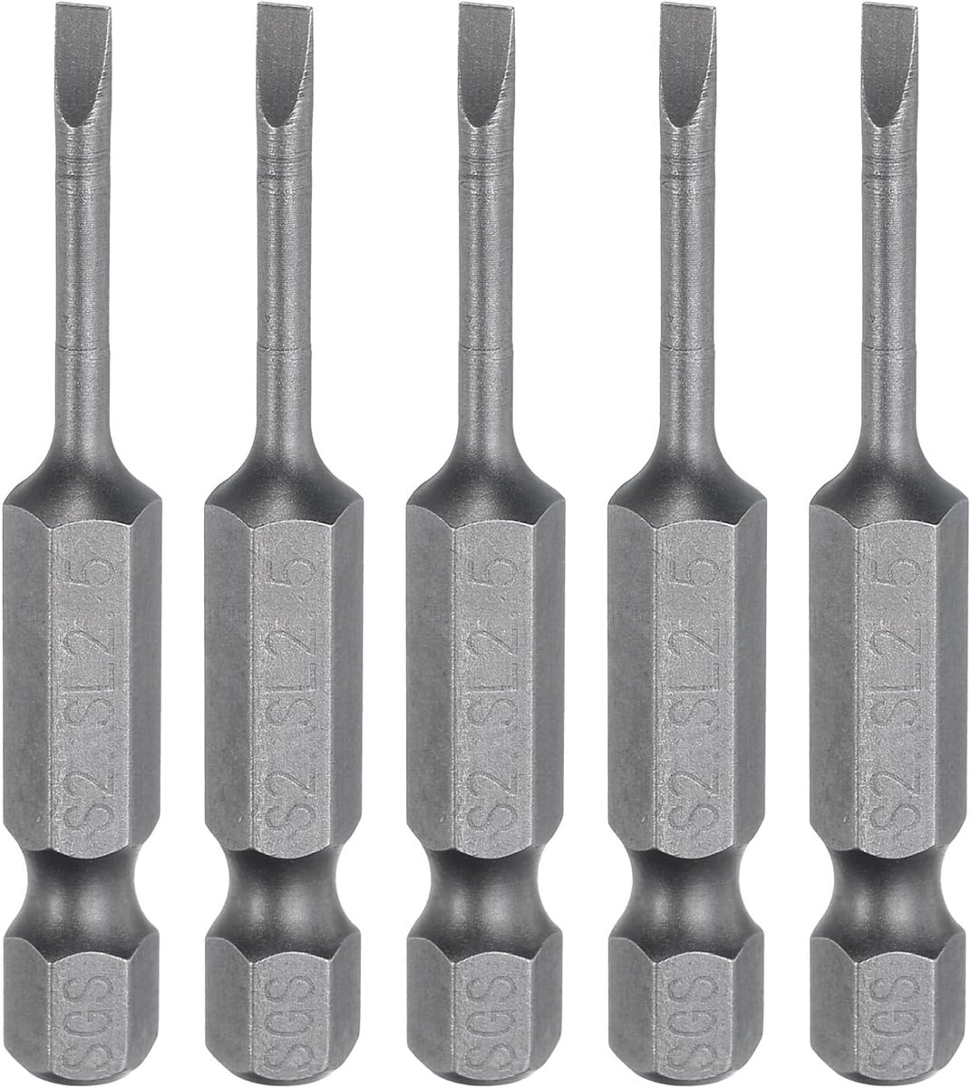 5 stuks SL2,5 schroevendraaierbits met magnetische sleuf 2,5 mm S2 bit platte kop staal 1/4 inch industriële kwaliteit zeskantschacht 50 mm lang voor schroeven
